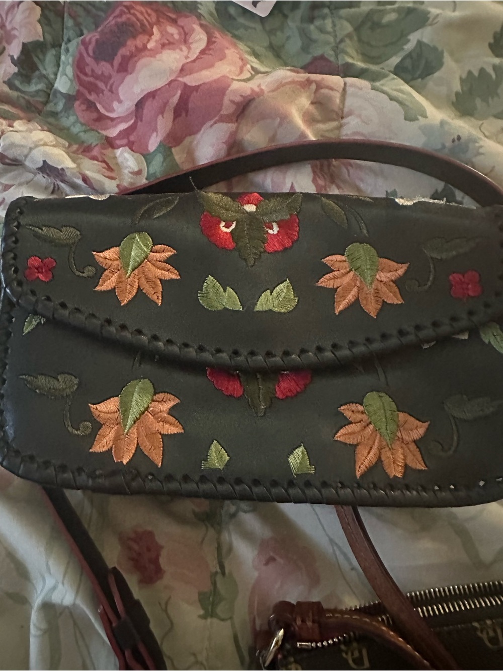 Embroidered Floral Black Leather Crossbody Bag